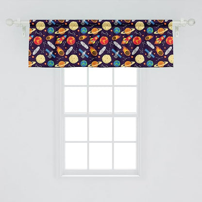 Ambesonne Space Window Valance, Universe Themed Illustration with Earth Moon Constellations Saturn Rockets Stars, Curtain Valance for Kitchen Bedroom Decor with Rod Pocket, 42" x 18", Dark Night Blue