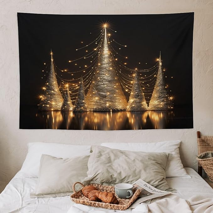 MaSiledy Tapestry Silver Lighted Christmas Trees Vintage Aesthetic Tapestry Wall Hanging Hello Winter Holiday Tapestries Wall Hanging for Bedroom Living Room Dorm Landscape 40"x60"