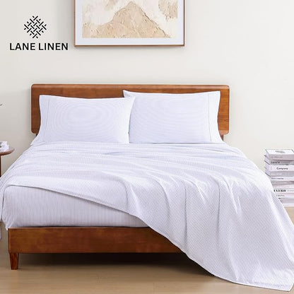 LANE LINEN 100% Organic Cotton Printed California King Sheets Set, 4-Piece All Season Fully Elasticized Deep Pocket Fits Mattress Upto 15", Mercerized Printed Cal King Sheet Set -Ticking Stripe Blue