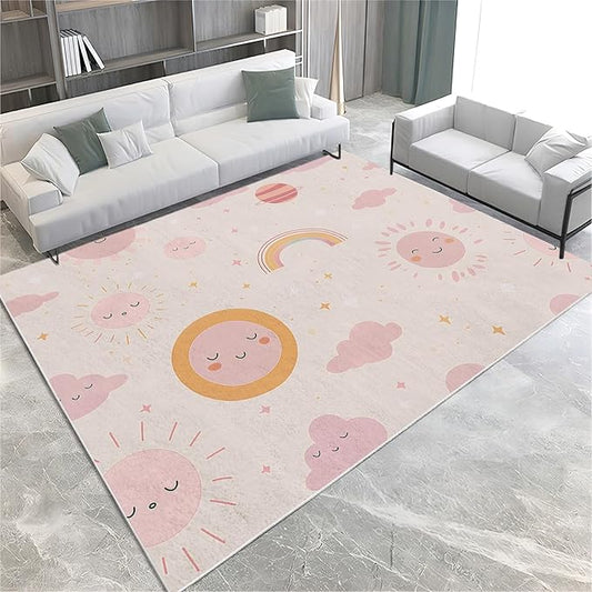 Living Room Area Rug 5x8 ft Cartoon Sun Rainbow Washable Non-Slip Area Rug, 3D Print Low-Pile Carpet for Bedroom, Kids Room, Nursery, Home Decor Rugs