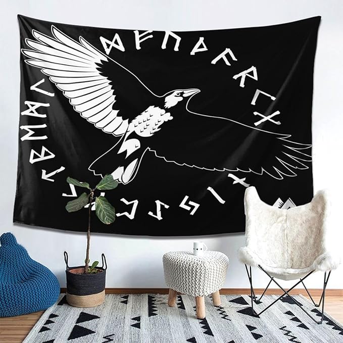 Gizmac Viking Black Crow Scandinavian Runes Room Tapestry Bedroom Living Room Decor Tapestry(80x60 Inches)