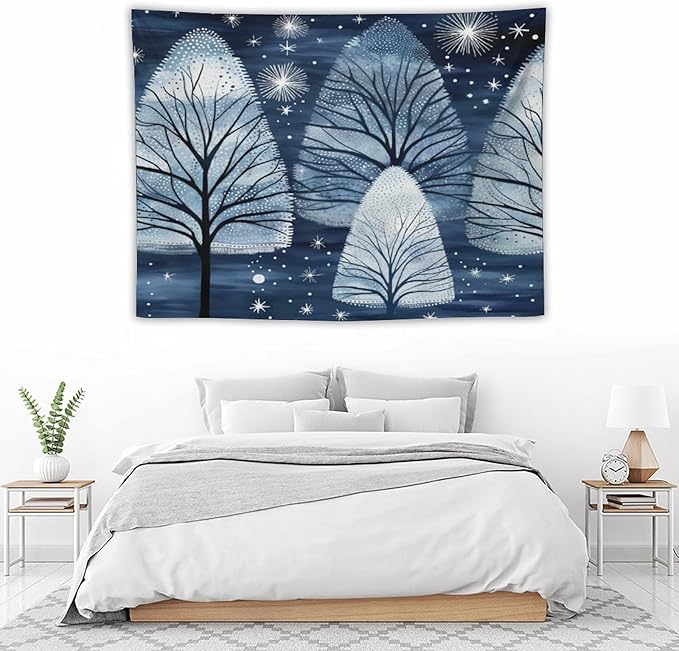 Trendy Blue Silver Glitter Tree Christmas Wall Tapestry Winter Holiday Wall Art Tapestry for Bedroom Aesthetic Tapestry Wall Hanging Decor Home Decoration for Bedroom Living Room Dorm 30"x40"