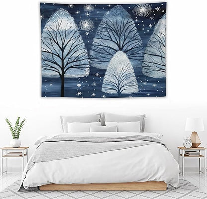 Trendy Blue Silver Glitter Tree Christmas Wall Tapestry Winter Holiday Wall Art Tapestry for Bedroom Aesthetic Tapestry Wall Hanging Decor Home Decoration for Bedroom Living Room Dorm 30"x40"