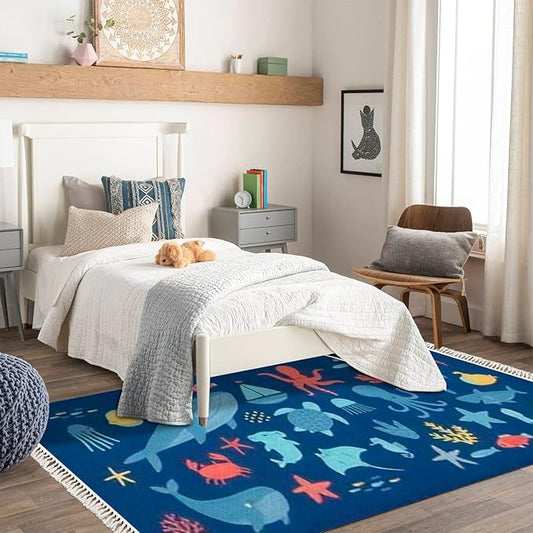 Boho Rug Cute Undersea World Deep Ocean sea Fish Octopus Scandinavian Chic Area Rug Washable Hallway Runner Rug Mat Pad Minimalist Nursery Decor for Living Room Bedroom Playroom Classroom