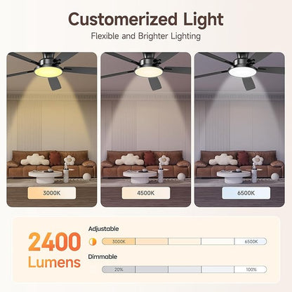 TALOYA Ceiling Fans with Lights and Remote, 52 inch Low Profile Ceiling Fan with Nightlight, Flush Mount, Reversible, 3CCT, Dimmable Black Modern Ceiling Fan for Bedroom, Living Room, Outdoor Patio