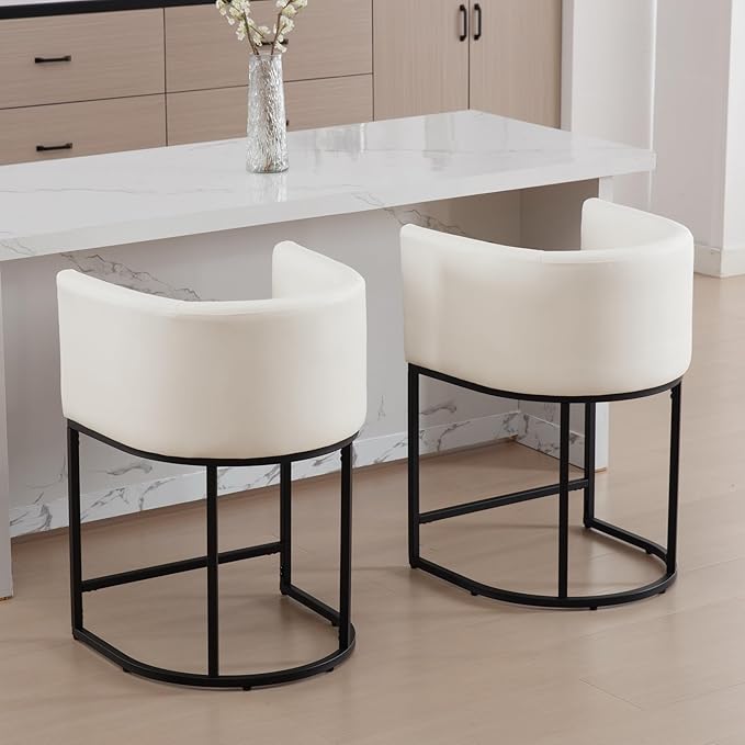 Modern Counter Height PU Leather Upholstered Bar Stool, 24" Kitchen Counter Island Stools Bar Chairs with Black Metal Frame, White