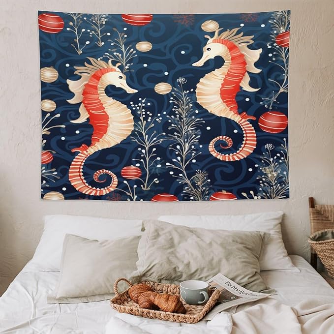 MaSiledy Seahorse Christmas Kiss Beach Tapestry As Wall Art Coastal Nautical Vintage Aesthetic Tapestry Wall Hanging Landscape Tapestry Wall Decor for Bedroom Living Room Dorm 60"x80"