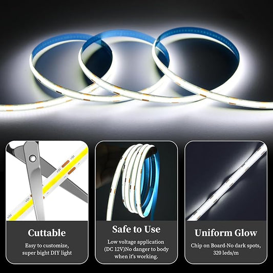 iNextStation COB LED Strip Light White 6000K 32.8ft/10M DC24V CRI 93+ Flexible LED Tape Lights 8mm for Bedroom, Kitchen, TV Backlight, Cabinet, Stage, Home DIY Lighting Decor(No Plug)