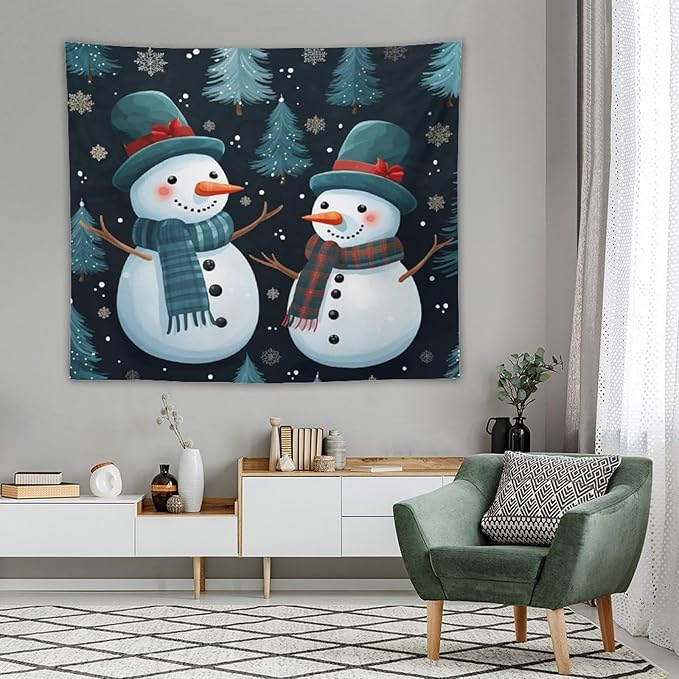MaSiledy Tapestry Wall Hanging Snowman Couple Tapestry Christmas Snowman Wall Hanging Wall Tapestry Aesthetic Wall Art for Home Decor 50"x60" Holiday Scene Banner for Winter Christmas Party