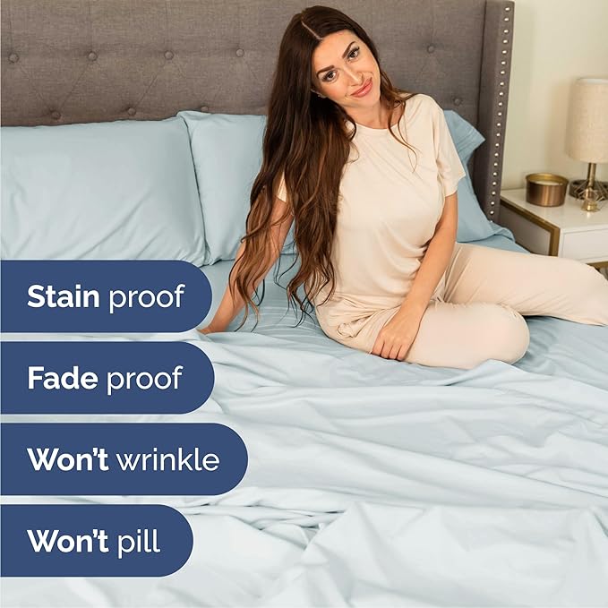 Queen Size 4 Piece Sheet Set - Comfy Breathable & Cooling Bed Sheets Set - Hotel Luxury Bedding for Women, Men, Kids, Teens, Boys & Girls - Deep Pockets, Ultra-Soft, Wrinkle Free - Oeko-Tex - Ice Blue
