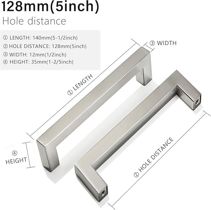 Cabinet Pulls Brushed Nickel Cabinet Handles Square Drawer Pulls, 50 Pack 5 Inch Stainless Steel Kitchen Door Cupboard Cabinet Handles, Cabinet Hardware Drawer Handles, 128mm Hole Centers