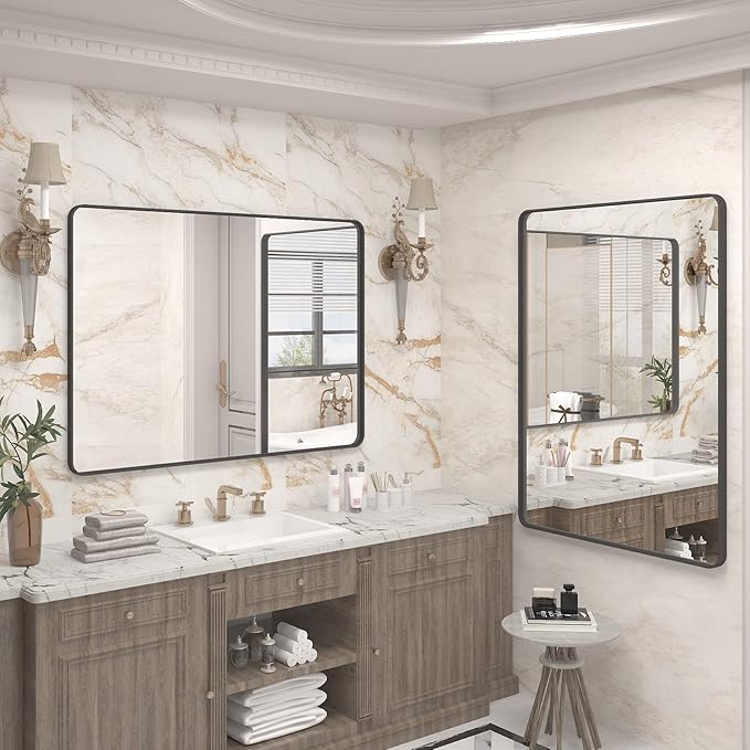 48x30 Inch Black Framed Mirror for Wall, Matte Black Bathroom Rectangle Mirror, Rounded Corner, Anti-Rust, Shatterproof (Horizontal/Vertical)