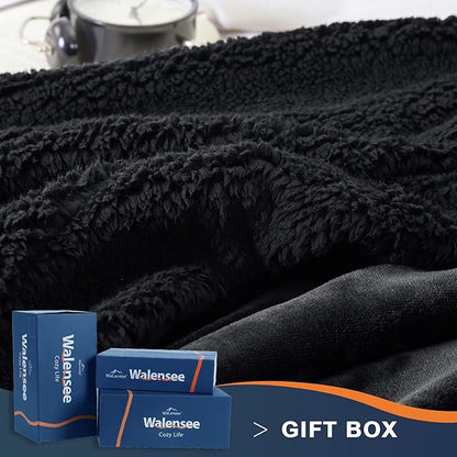 Walensee Sherpa Fleece Blanket (Queen Size 90”x90” Black) Plush Throw Fuzzy Super Soft Reversible Microfiber Flannel Blankets for Couch, Bed, Sofa Ultra Luxurious Warm and Cozy for All Seasons