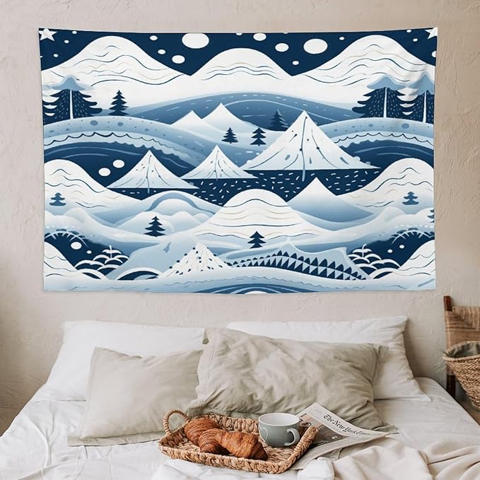 MaSiledy Tapestry Wall Hanging Snow Mountain Scandinavian Winter Tapestry Hello Winter Holiday Tapestry Aesthetic Bedroom Wall Decor Living Room 40"x60" Xmas Wall Hanging Polyester Tapestries