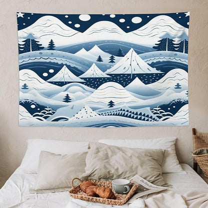 MaSiledy Tapestry Wall Hanging Snow Mountain Scandinavian Winter Tapestry Hello Winter Holiday Tapestry Aesthetic Bedroom Wall Decor Living Room 40"x60" Xmas Wall Hanging Polyester Tapestries