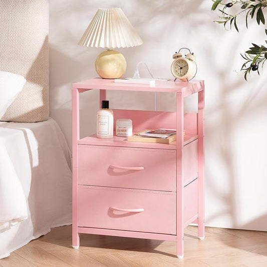 Yoobure Nightstand with Charging Station, LED Night Stand with Fabric Drawers and Storage Shelf for Bedroom, Nightstands Bedside Tables with USB Ports & Outlets, Small Night Stands, Bed Side Table