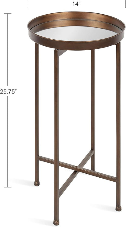 Kate and Laurel Celia Round Metal Foldable Accent Table with Mirror Tray Top, Bronze