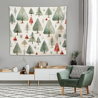 MaSiledy Vintage Christmas Tree Watercolor Tapestry As Wall Art Rustic Style Nature Forest Tapestry for Bedroom Aesthetic Landscape Tapestry Wall Hanging Decor for Bedroom 50"x60"