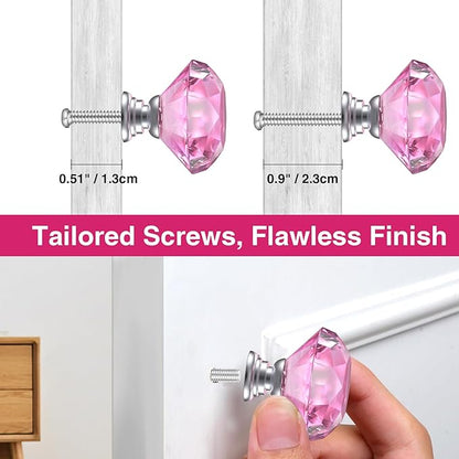 POZEAN Crystal Cabinet Knobs 12Pack, 1.18inch Dresser Knobs for Cabinet, Drawer with Two Different Sizes Screws, Diamond Glass Pulls Handles (30mm, 12Pack, Pink-Silver)