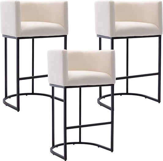 Modern Counter Height Linen Upholstered Bar Stools Set of 3, 32" Kitchen Counter Island Stools Bar Chairs with Black Metal Frame for Kitchen Island, Cream