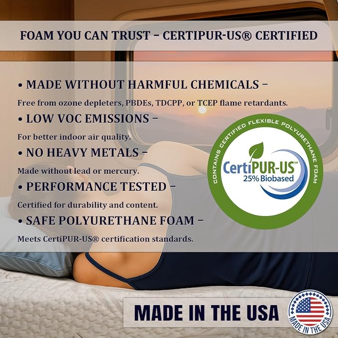 Foamma 12" x 38" x 80" Mattress for RV with Water Resistant Organic Cotton Cover, Firm High Density Foam, USA Made, CertiPUR-US Certified Foam