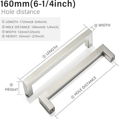 Cabinet Pulls Brushed Nickel Cabinet Handles Square Drawer Pulls, 30 Pack 6-1/4 Inch Stainless Steel Kitchen Door Cupboard Cabinet Handles, Cabinet Hardware Drawer Handles, 160mm Hole Centers