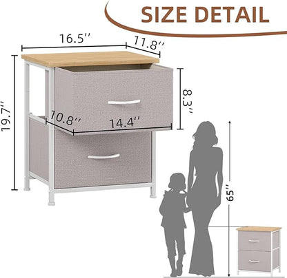 Somdot Nightstand with 2 Drawers, Bedside Table Small Dresser with Removable Fabric Bins for Bedroom Nursery Closet Living Room - Sturdy Steel Frame, Wood Top, Pull Handle - Ash Grey