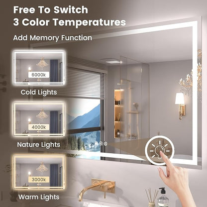 48"X40" LED Bathroom Mirror with Front Lights and Backlit, Anti-Fog, Dimmable, Shatter-Proof Tempered Glass, Lighted Bathroom Vanity Mirror for Wall with 3 Colors, Memory Function