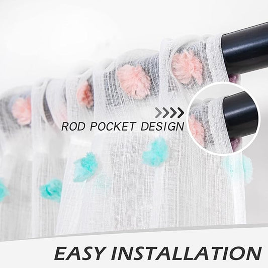 MYSKY HOME Small Curtains for Kitchen Windows Rainbow Pom Pom Curtains for Bedroom Light Filtering White Sheer Curtains for Nursery Cafe Bathroom Privacy Rod Pocket Voile 52 x 45 inch 2 Panels