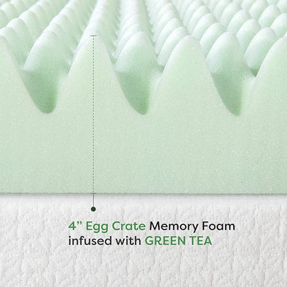 Best Price Mattress 4 Inch Egg Crate Memory Foam Mattress Topper with Calming Green Tea Infusion, CertiPUR-US Certified, Short Queen