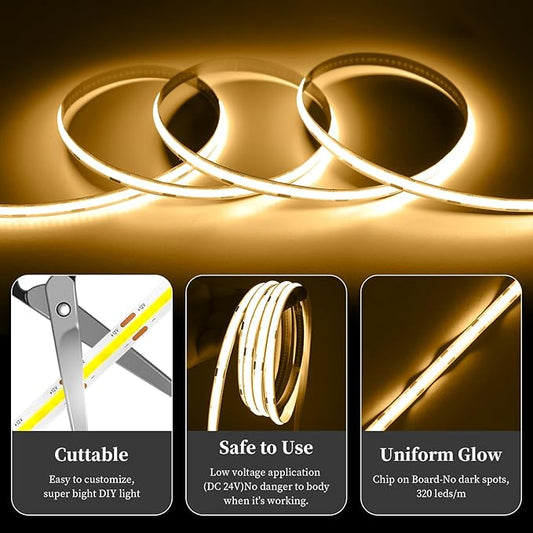 iNextStation COB LED Strip Light Warm White 3000K 32.8FT 10M DC24V CRI 93+ Dimmable Flexible LED Tape Lights for Bedroom, Kitchen, TV Backlight, Cupboard, Wardrobe, Home Lighting Decor