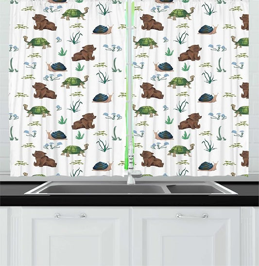 Lunarable Animals Kitchen Curtains, Continuous Cartoon Pattern of Forest Life Creatures Funny Bear and Turtle, Window Drapes 2 Panel Set for Kitchen Cafe Decor, 55" x 45", Umber and Slate Blue