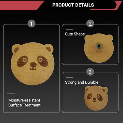 6PCS Wooden Panda Shaped Cabinet Knobs, Cabinet Handles, Single Hole Beech Wood Handles, Wood Hooks with Full Set of Screw Accessories