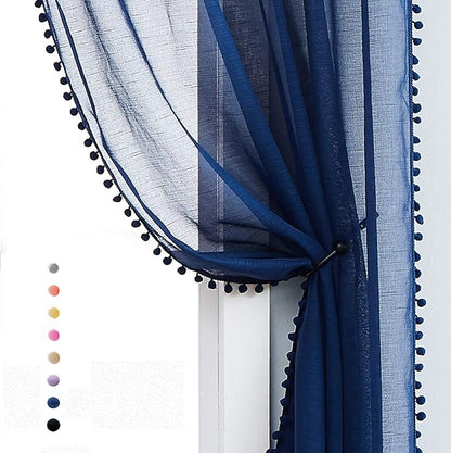 Treatmentex Pom-Pom Blue Sheer Curtains for Bedroom 63" Window Drapes Rod Pocket Textured Sheer Curtain Panels for Boy's Room Navy 52" w 2 pcs