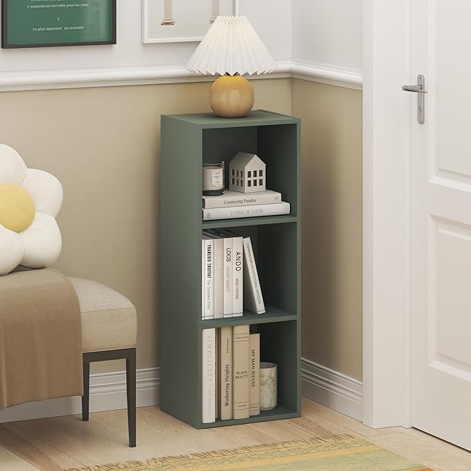 Furinno LUDER Book Shelf, 3-Cube Bookshelf, Bookcase, 9.3" x 12" x 31.5", for Living Room, Bedroom, Home Office, Sage Green