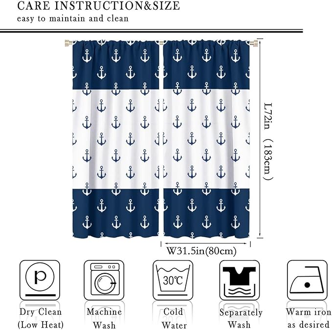 Anchor Pattern Curtains, Nautical Theme Navy Blue White Anchor Sea Life Adventure Print Blackout Window Treatments for Living Room Boys Men's Bedroom 63x72in