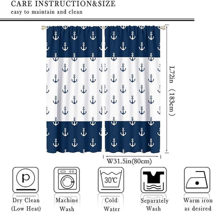 Anchor Pattern Curtains, Nautical Theme Navy Blue White Anchor Sea Life Adventure Print Blackout Window Treatments for Living Room Boys Men's Bedroom 63x72in