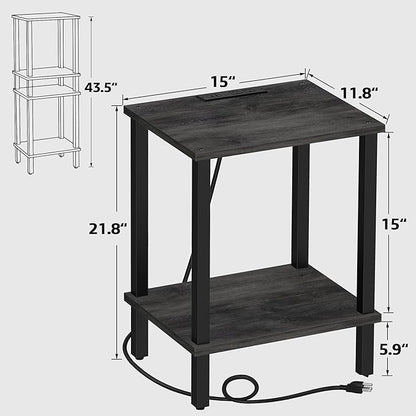 TUTOTAK End Table with Charging Station, Small Side Table with Outlets, Nightstand Bedside Table, 2-Tier Storage Shelf for Small Space, Living Room, Bedroom, Charcoal Grey TB01BY040