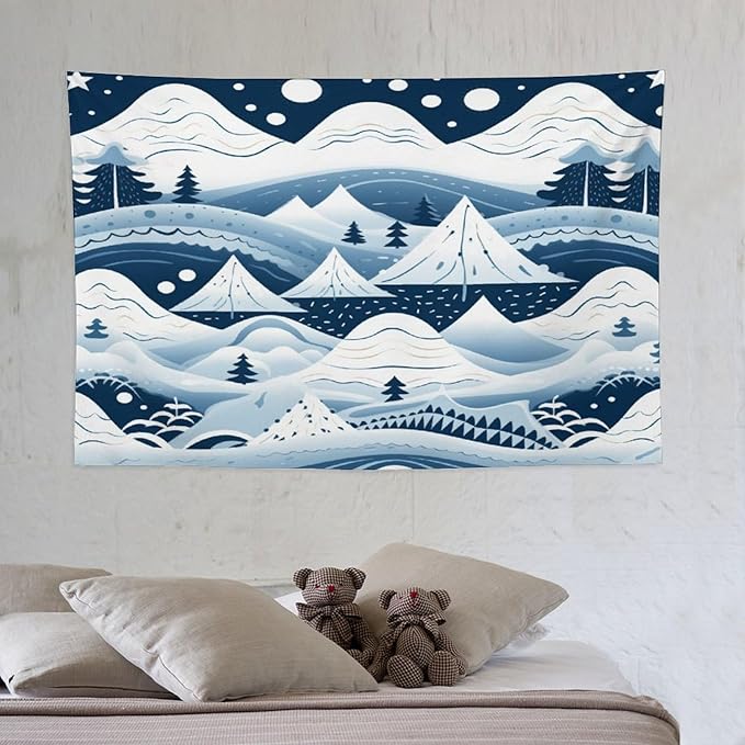 MaSiledy Tapestry Wall Hanging Snow Mountain Scandinavian Winter Tapestry Hello Winter Holiday Tapestry Aesthetic Bedroom Wall Decor Living Room 40"x60" Xmas Wall Hanging Polyester Tapestries