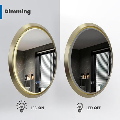 Fab Glass and Mirror 28" Round LED Bathroom Wall Piece with Touch Dimming, Anti-Fog Feature, 3 Color Temperature Options, Circular Framed Lighting in Gold