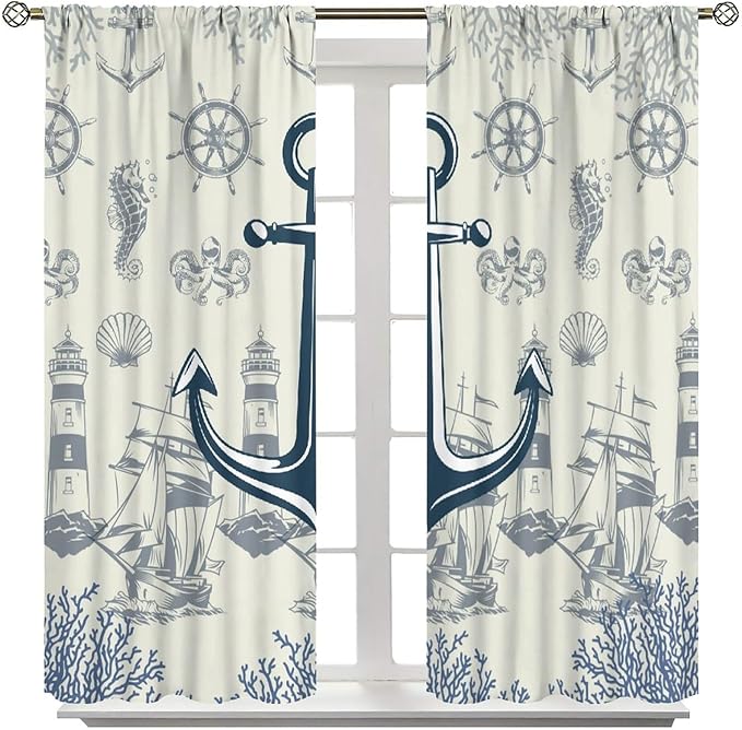 Nautical Anchor Curtains, Vintage Sailboat Ocean Coastal Lighthouse Window Drapes, Navy Blue Coral Shell Seahorse Beach Print Blackout Window Treatments for Living Room Bedroom 42x54 Inch