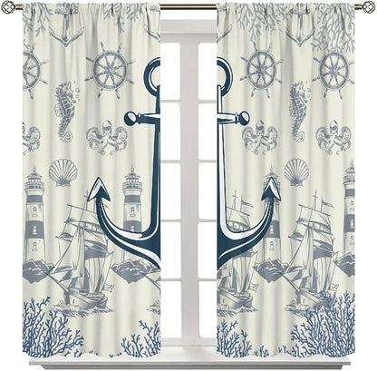 Nautical Anchor Curtains, Vintage Sailboat Ocean Coastal Lighthouse Window Drapes, Navy Blue Coral Shell Seahorse Beach Print Blackout Window Treatments for Living Room Bedroom 42x63in