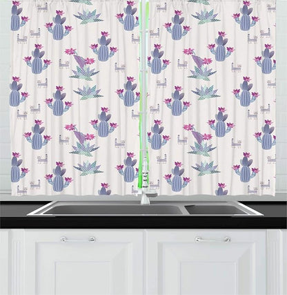 Lunarable Succulents Kitchen Curtains, Cactus with Flowers Cartoon Style Cats, Window Drapes 2 Panel Set for Kitchen Cafe Decor, 55" X 39", Ceil Blue Pale Fuchsia Pale Eggshell Dark Sea Green