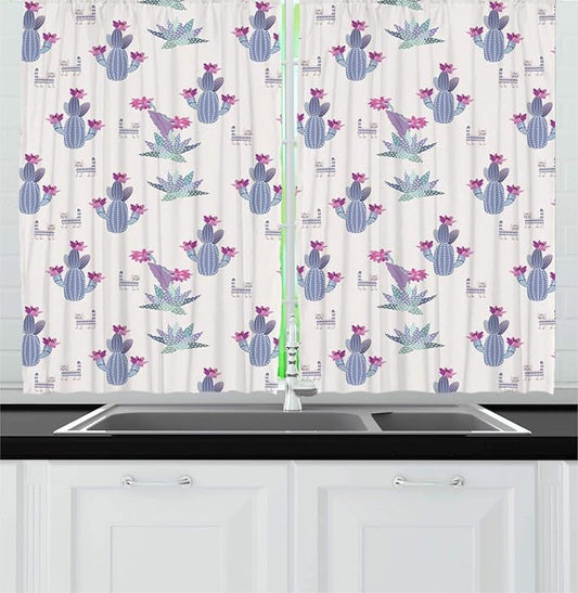 Lunarable Succulents Kitchen Curtains, Cactus with Flowers Cartoon Style Cats, Window Drapes 2 Panel Set for Kitchen Cafe Decor, 55" X 39", Ceil Blue Pale Fuchsia Pale Eggshell Dark Sea Green