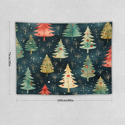 Vintage Christmas Tree Watercolor Tapestry As Wall Art Winter Christmas Tapestry for Bedroom Aesthetic Landscape Tapestry Wall Hanging for Dorm Living Room 30"x40" Christmas Family Party
