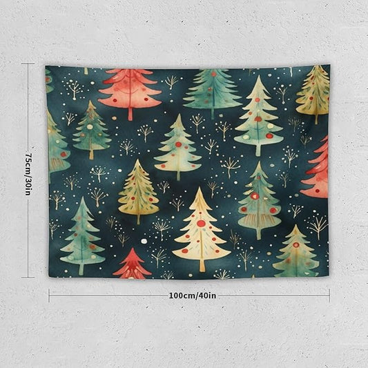 Vintage Christmas Tree Watercolor Tapestry As Wall Art Winter Christmas Tapestry for Bedroom Aesthetic Landscape Tapestry Wall Hanging for Dorm Living Room 30"x40" Christmas Family Party