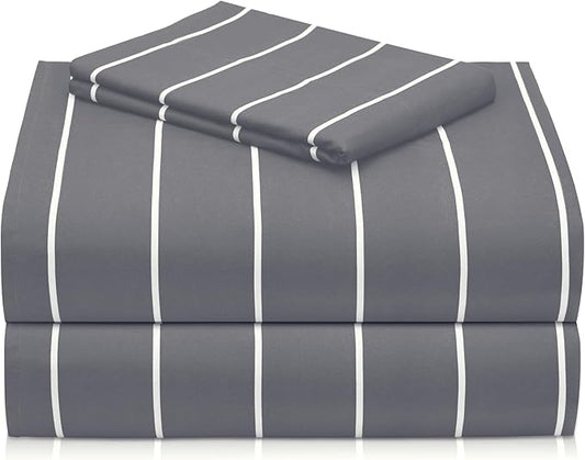 LuxClub Striped Sheets, 3 PC Striped Bed Sheets Twin Size for-Boys-and-Girls-Deep Pockets Wrinkle Free-Kids-Fitted Sheets Machine Washable Hotel Bedding (Twin, Light Grey)