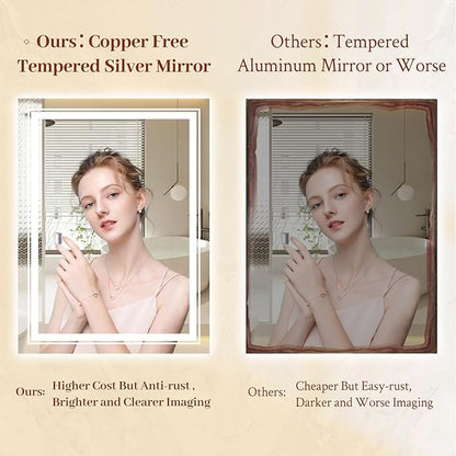 28x32 LED Mirror for Bathroom with Front and Backlit Light Up Digital Mirrors for Wall,Anti Fog,Stepless Dimmable,Tempered Silver Glass Smart Vanity Mirror for Bathroom