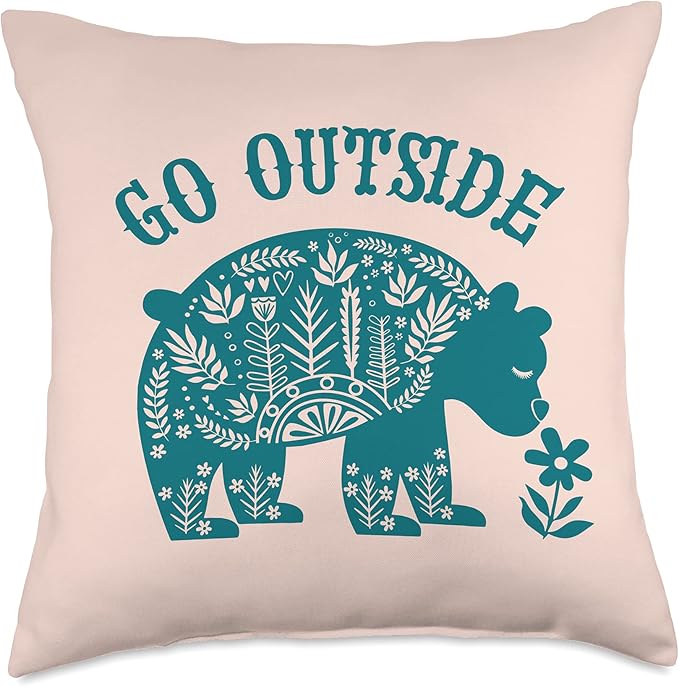 Go Outside Bear Scandinavian Folk Art Hiking Throw Pillow