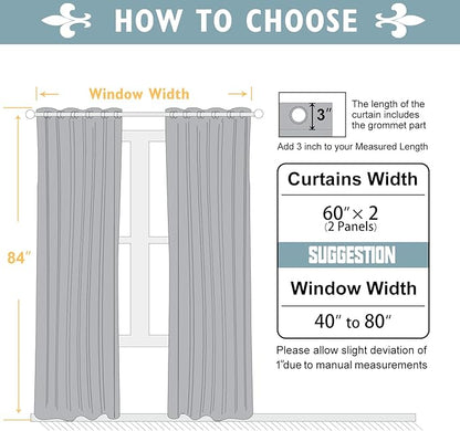 ChrisDowa 100% Blackout Curtains 84 inch Long for Bedroom with Black Liner, Extra Wide 2 Thick Layers Total Blackout Thermal Insulated Grommet Window Curtains 2 Panels Set (Light Grey, 60 x 84 Inch)